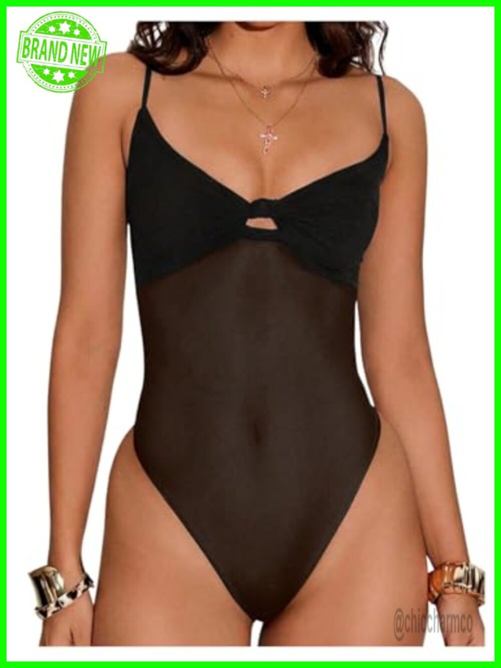 Sheer Mesh Cut Out Twist Knot V Neck Cami Bodysuit Clubwear